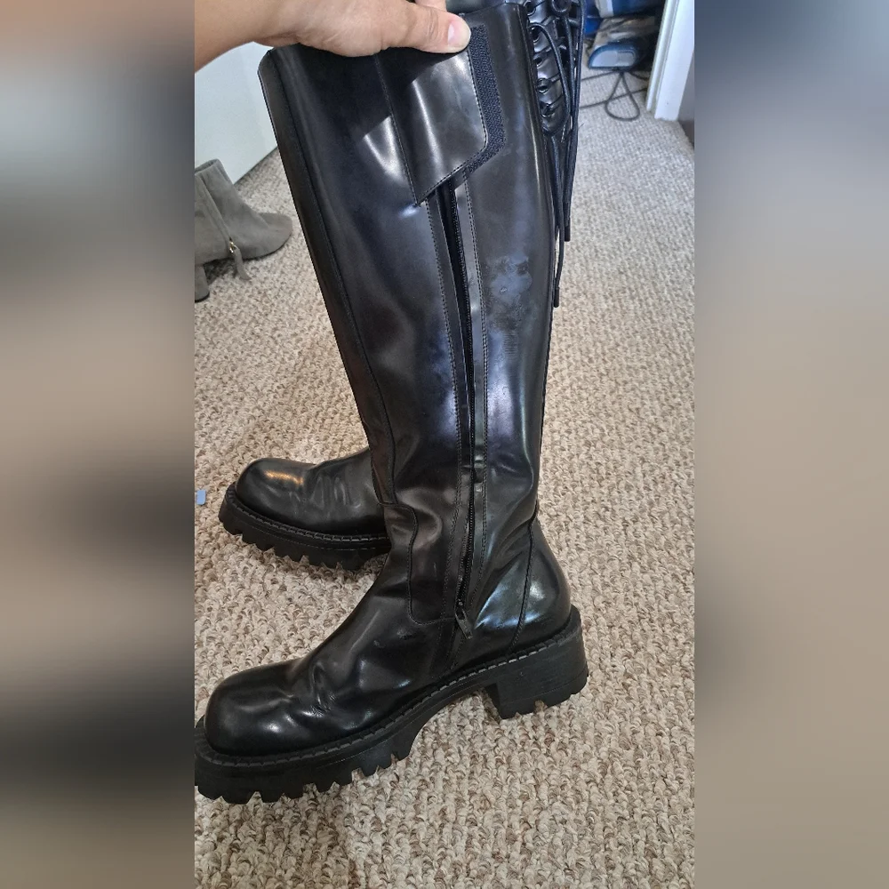 Versace Black Patent Leather Knee High Combat Boots – Gold Medusa **SEE COMMENT